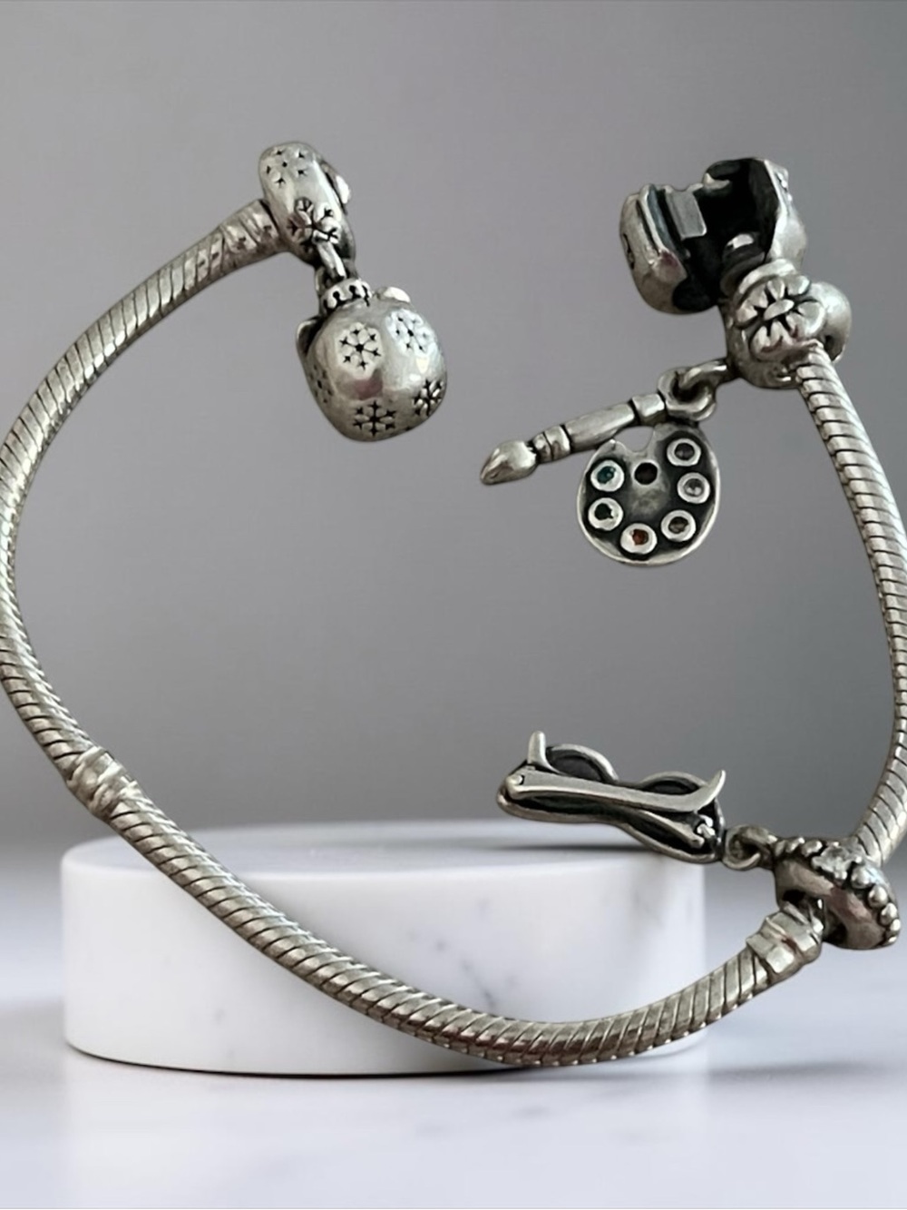 Pandora Silver Artist Palette & Brush Charm Snake Chain Bracelet